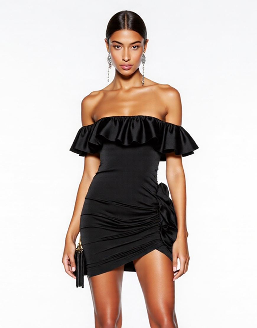 Black Satin Off the Shoulder Short Cocktail Dress with Ruffles