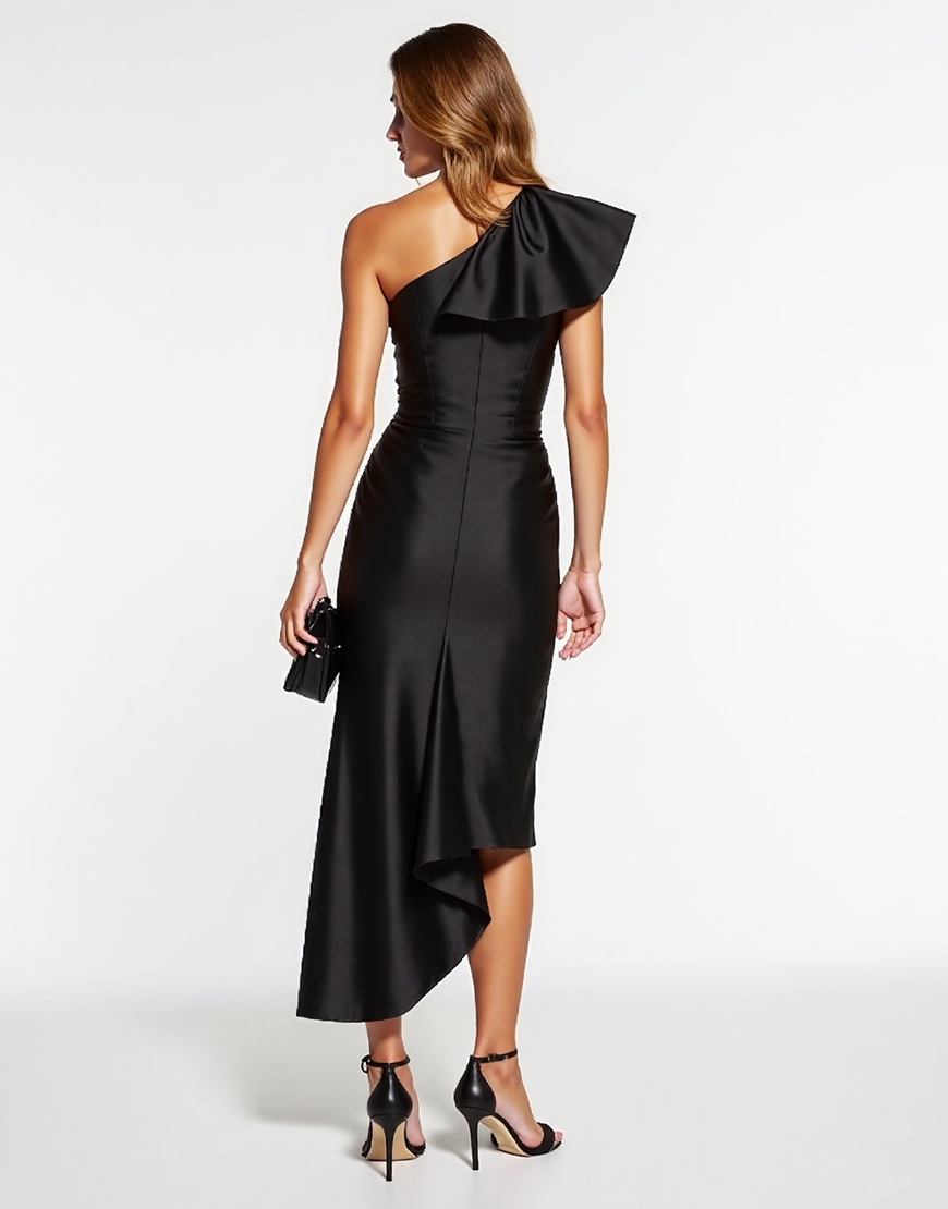 Black One Shoulder Satin Tight Midi Cocktail Dress with Ruffles