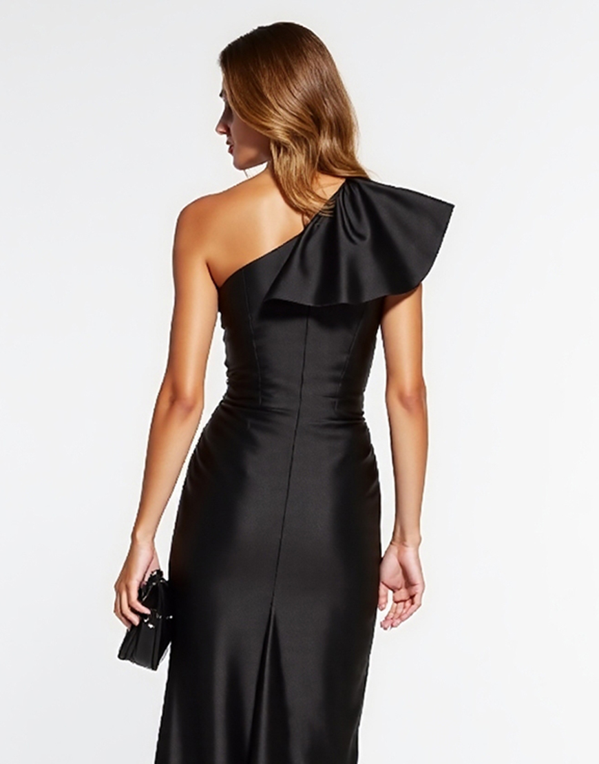 Black One Shoulder Satin Tight Midi Cocktail Dress with Ruffles
