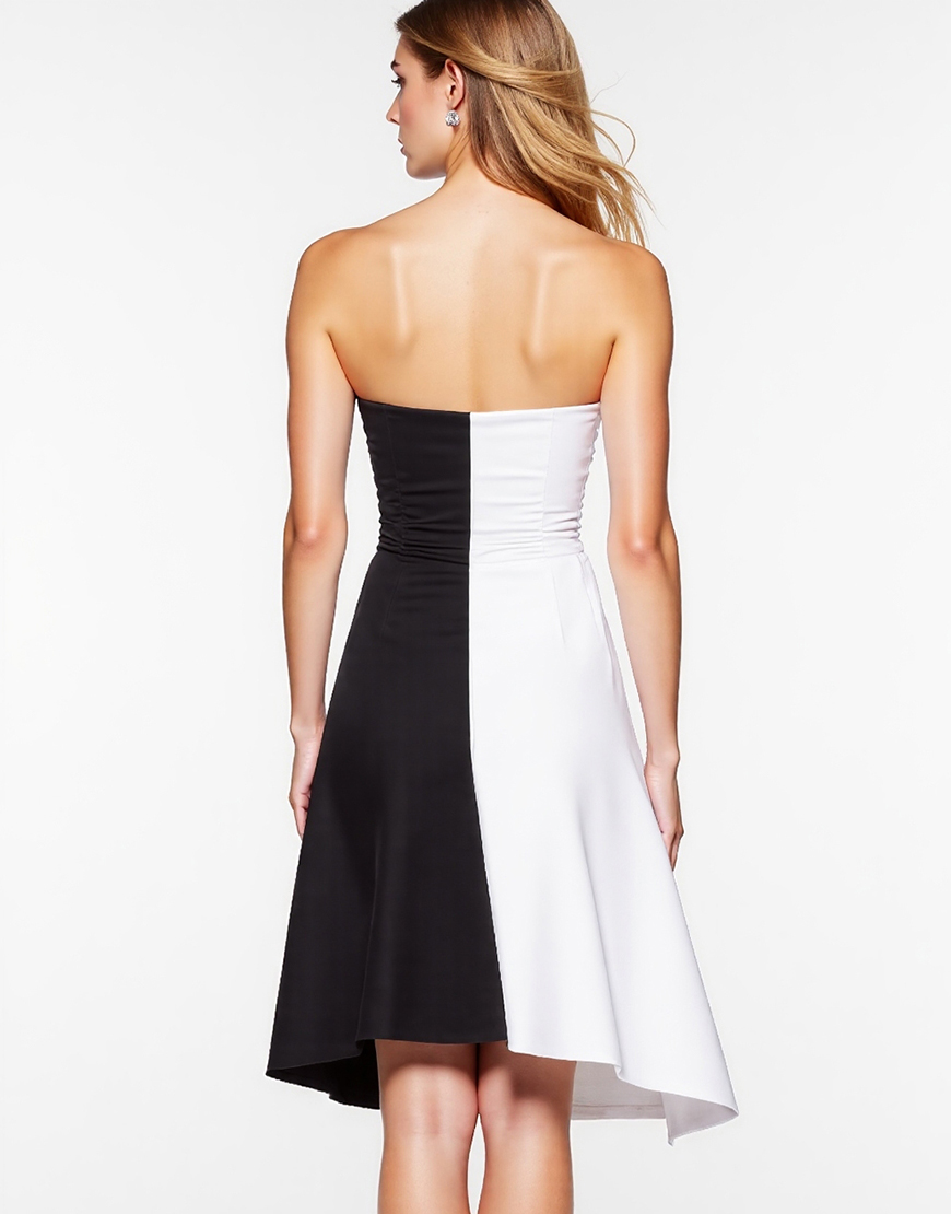 Black and White Patchwork Strapless A Line Short Cocktail Dress with Slit