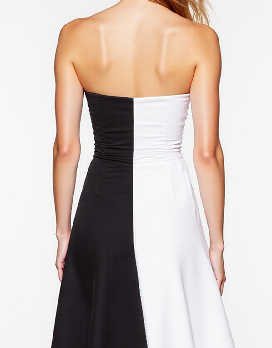Black and White Patchwork Strapless A Line Short Cocktail Dress with Slit
