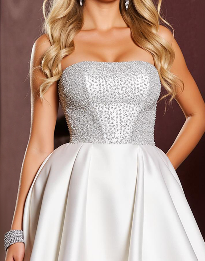 Sparkly White A Line Short Satin Homecoming Dress with Beading
