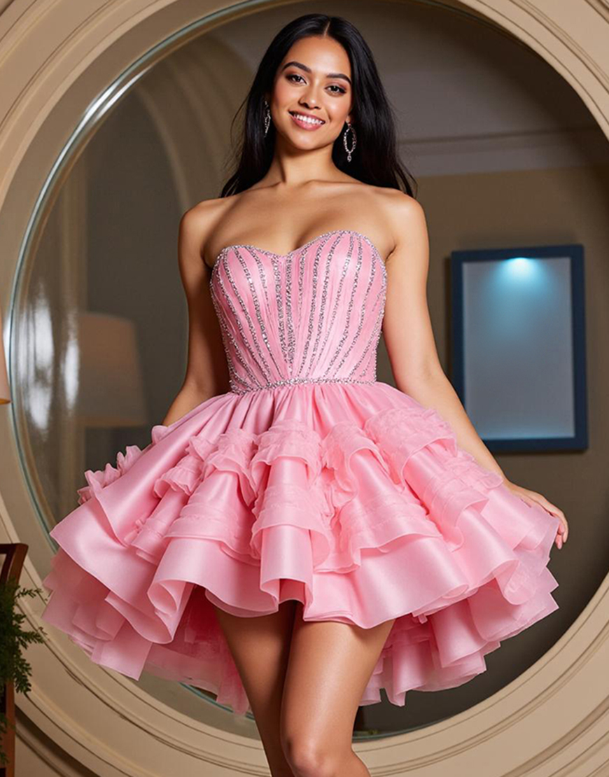Sparkly Pink A Line Short Beaded Homecoming Dress with Ruffles