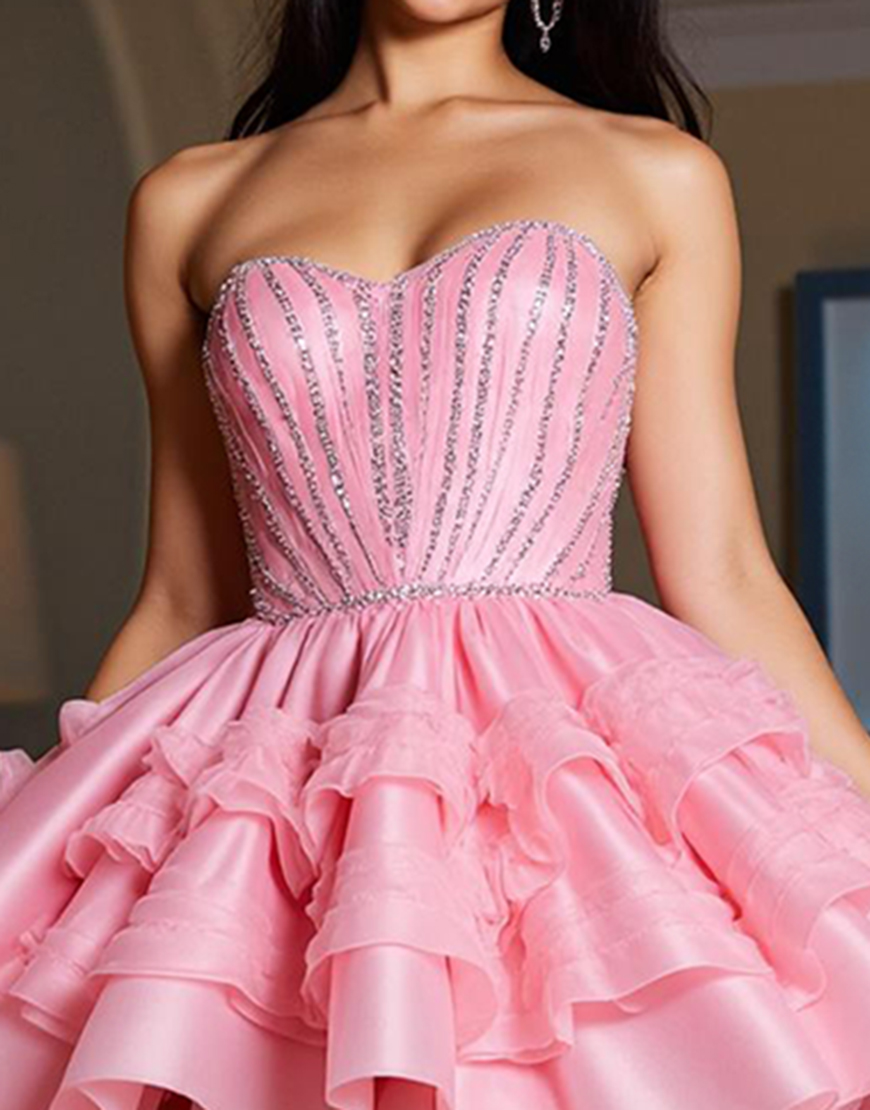 Sparkly Pink A Line Short Beaded Homecoming Dress with Ruffles
