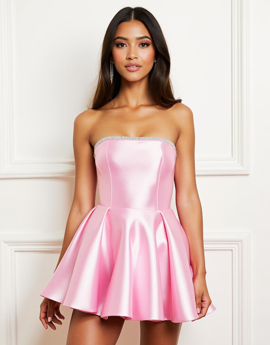 Sparkly Pink A Line Satin Short Corset Homecoming Dress with Beading
