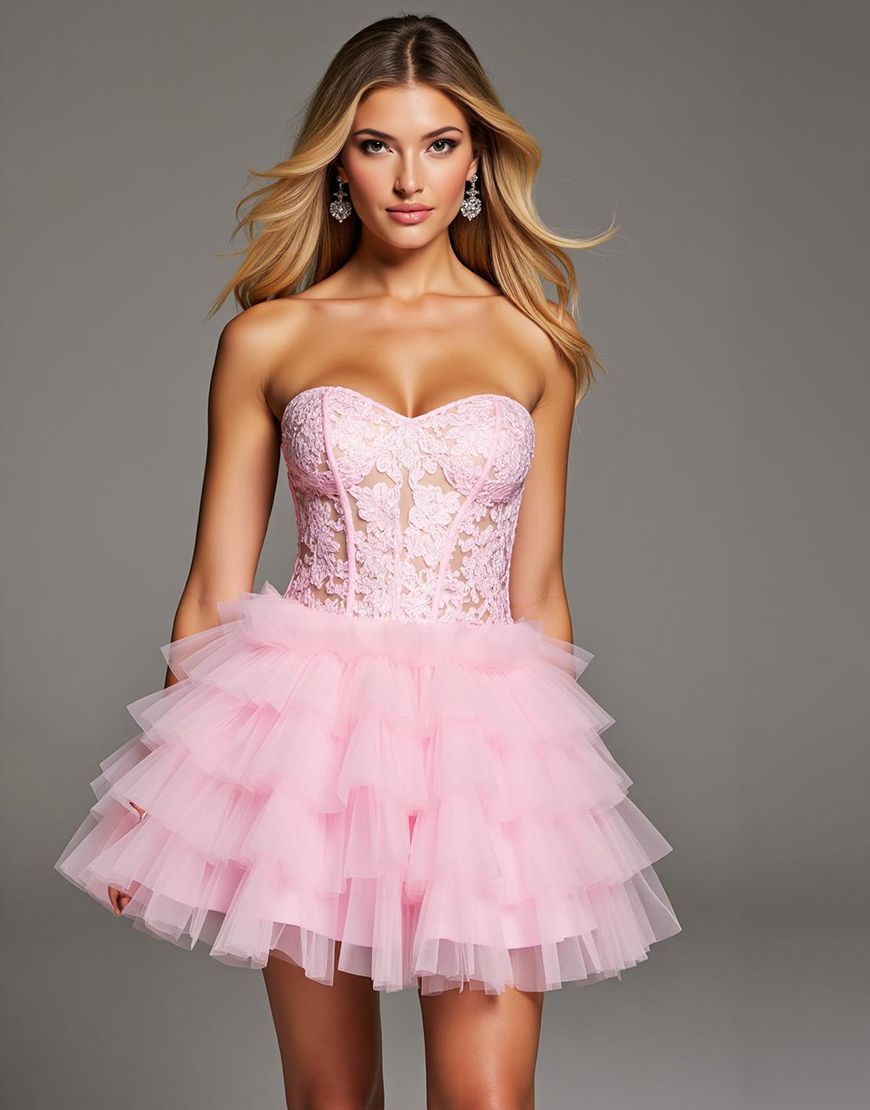 Pink Ruffled Tulle Short Corset Homecoming Dress with Lace