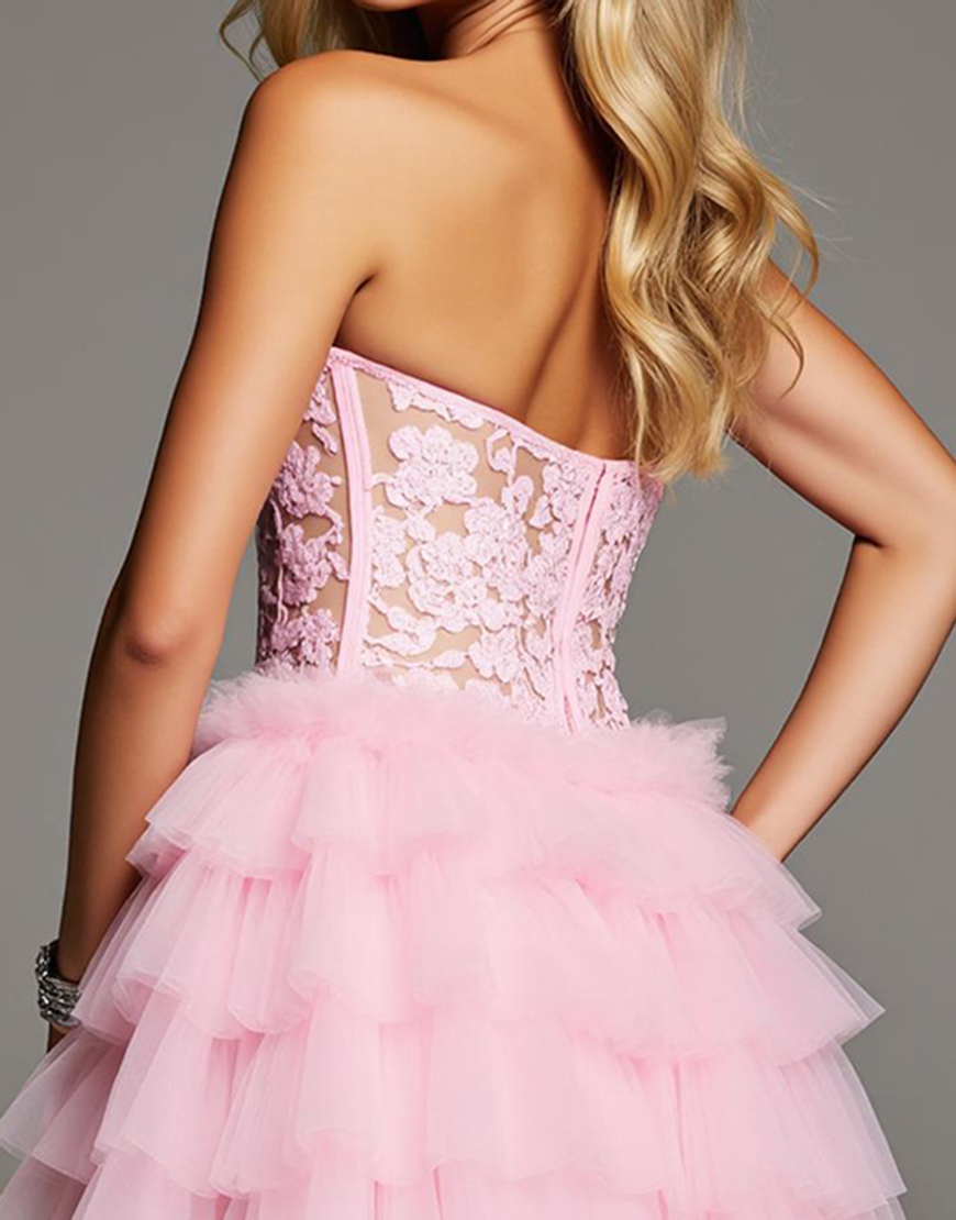 Pink Ruffled Tulle Short Corset Homecoming Dress with Lace