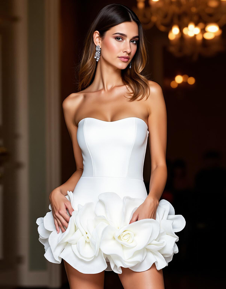 White Floral Tight Satin Strapless Short Homecoming Dress with Ruffles