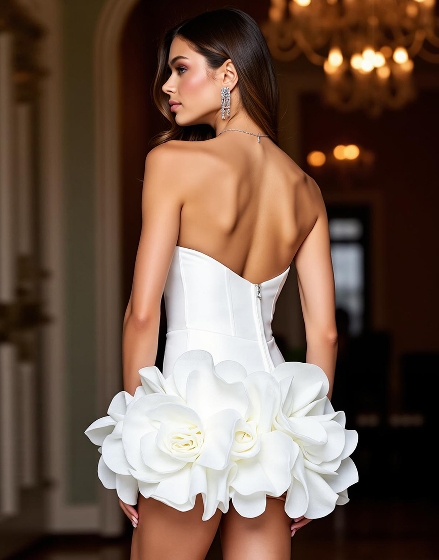 White Floral Tight Satin Strapless Short Homecoming Dress with Ruffles