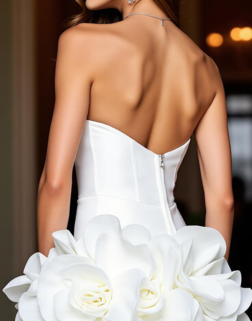 White Floral Tight Satin Strapless Short Homecoming Dress with Ruffles