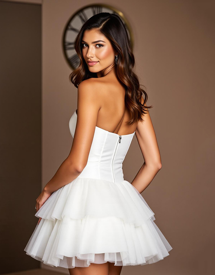White Sweetheart Tulle Short Corset Homecoming Dress with Ruffles