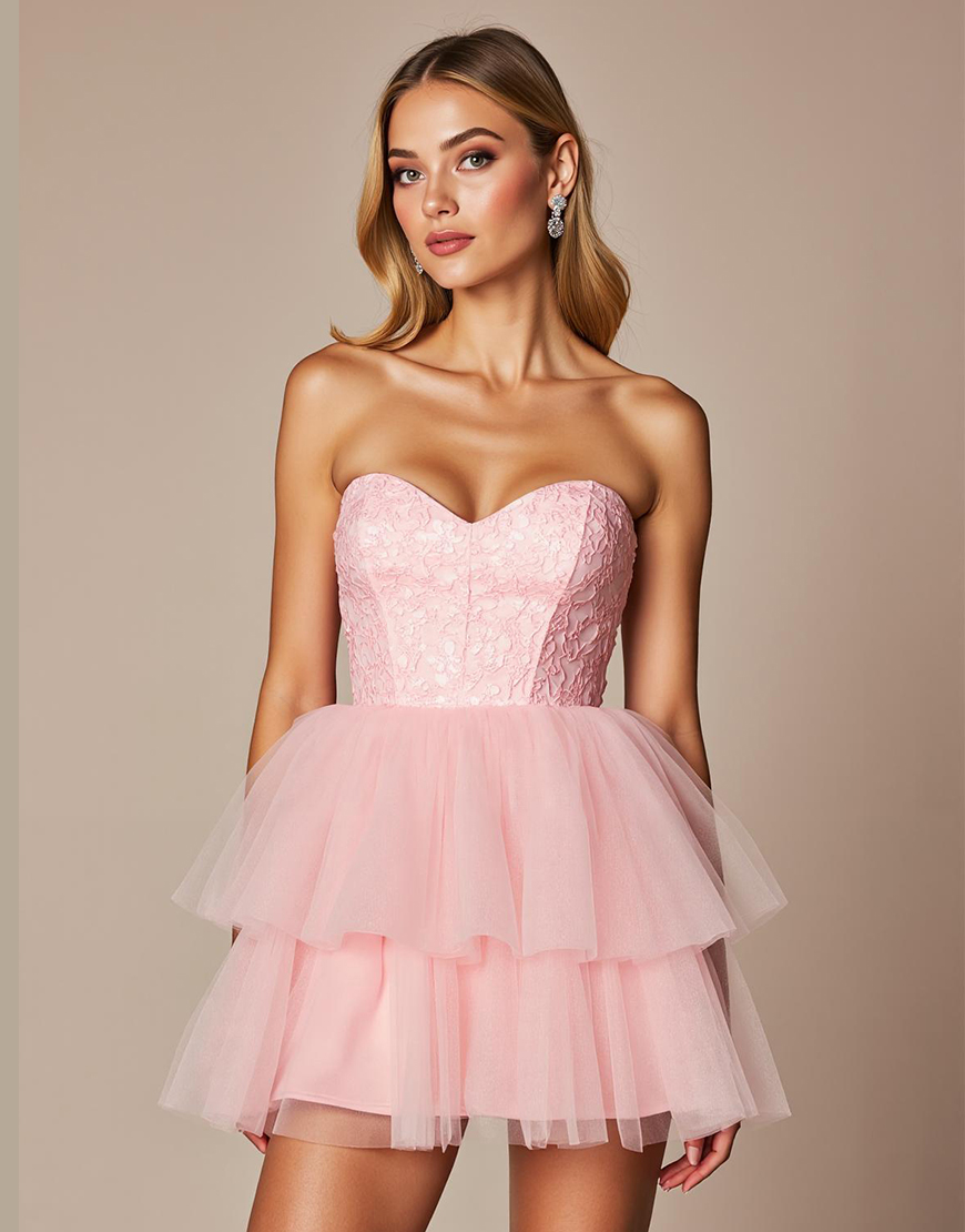 Pink A Line Tulle Ruffled Short Corset Homecoming Dress