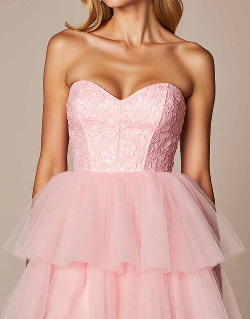 Pink A Line Tulle Ruffled Short Corset Homecoming Dress