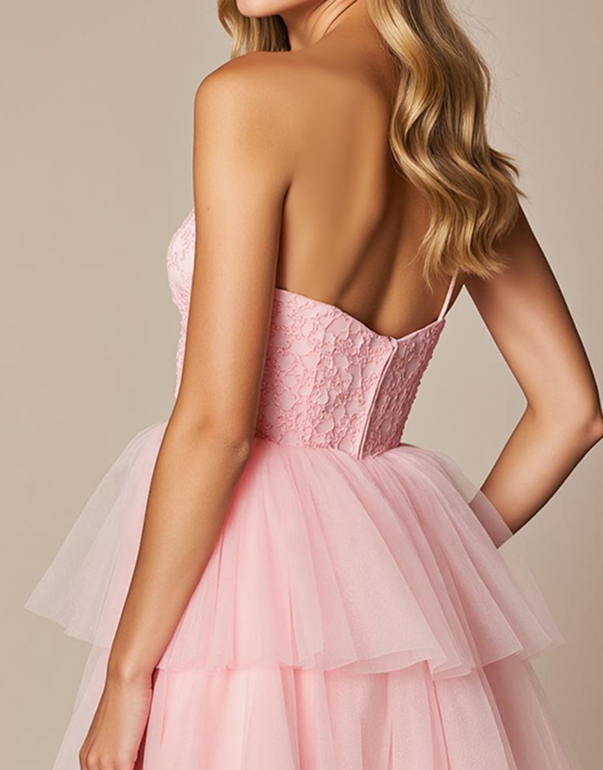 Pink A Line Tulle Ruffled Short Corset Homecoming Dress
