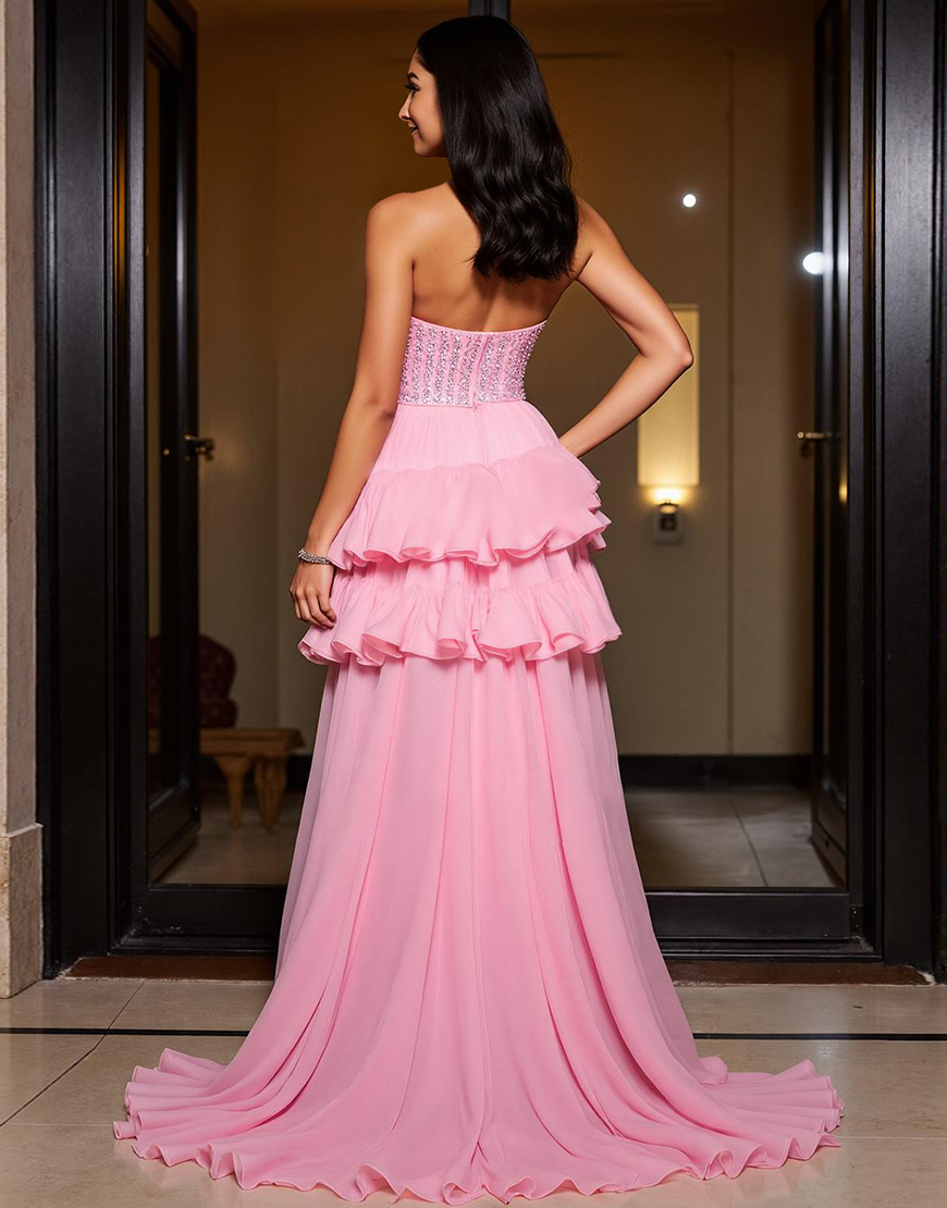 Sparkly Pink A Line A Line Ruffled High-Low Homecoming Dress