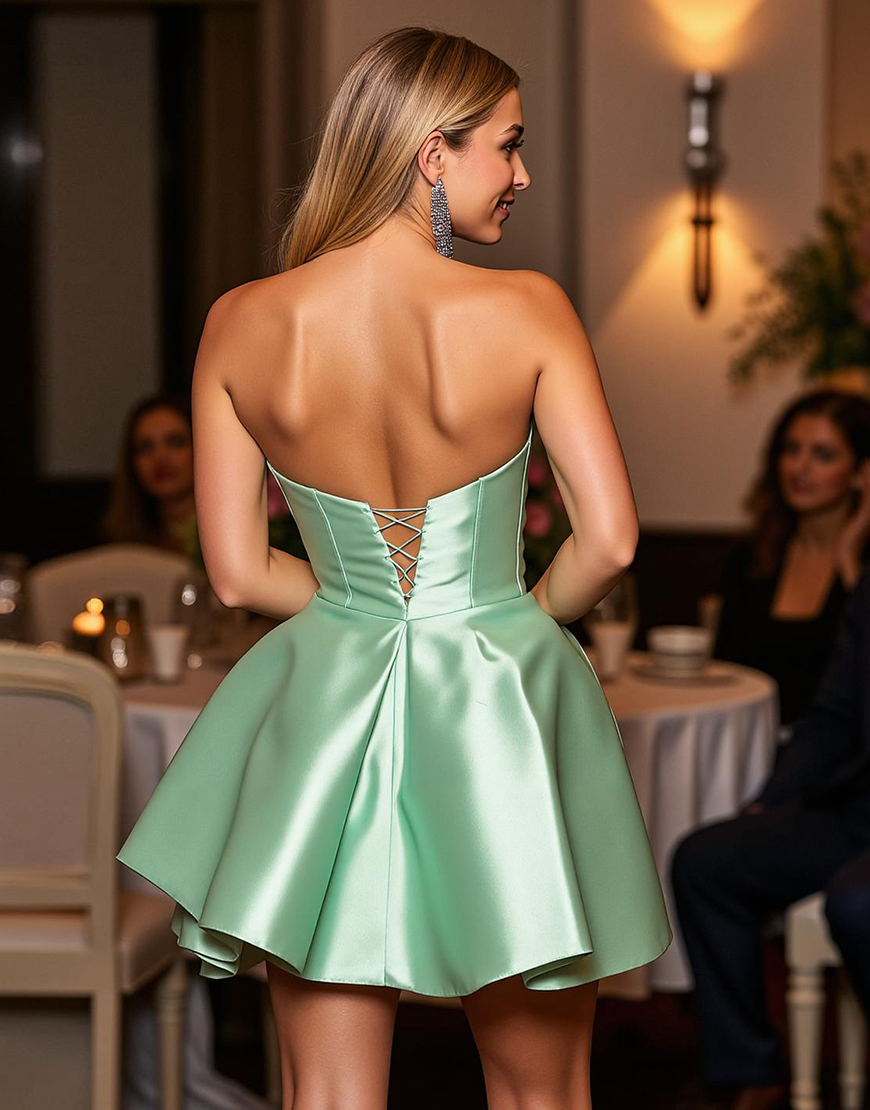Sparkly Green Satin A Line Short Homecoming Dress with Beading