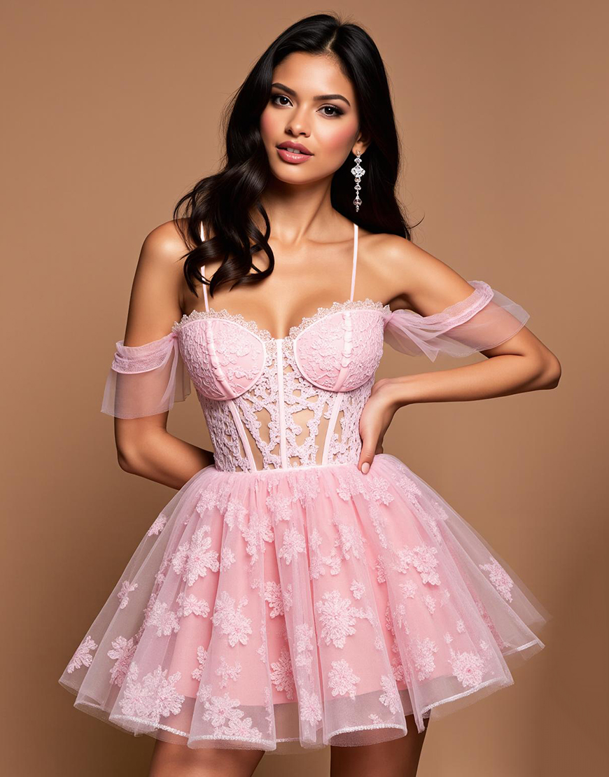 Pink Floral Lace A Line Short Corset Homecoming Dress