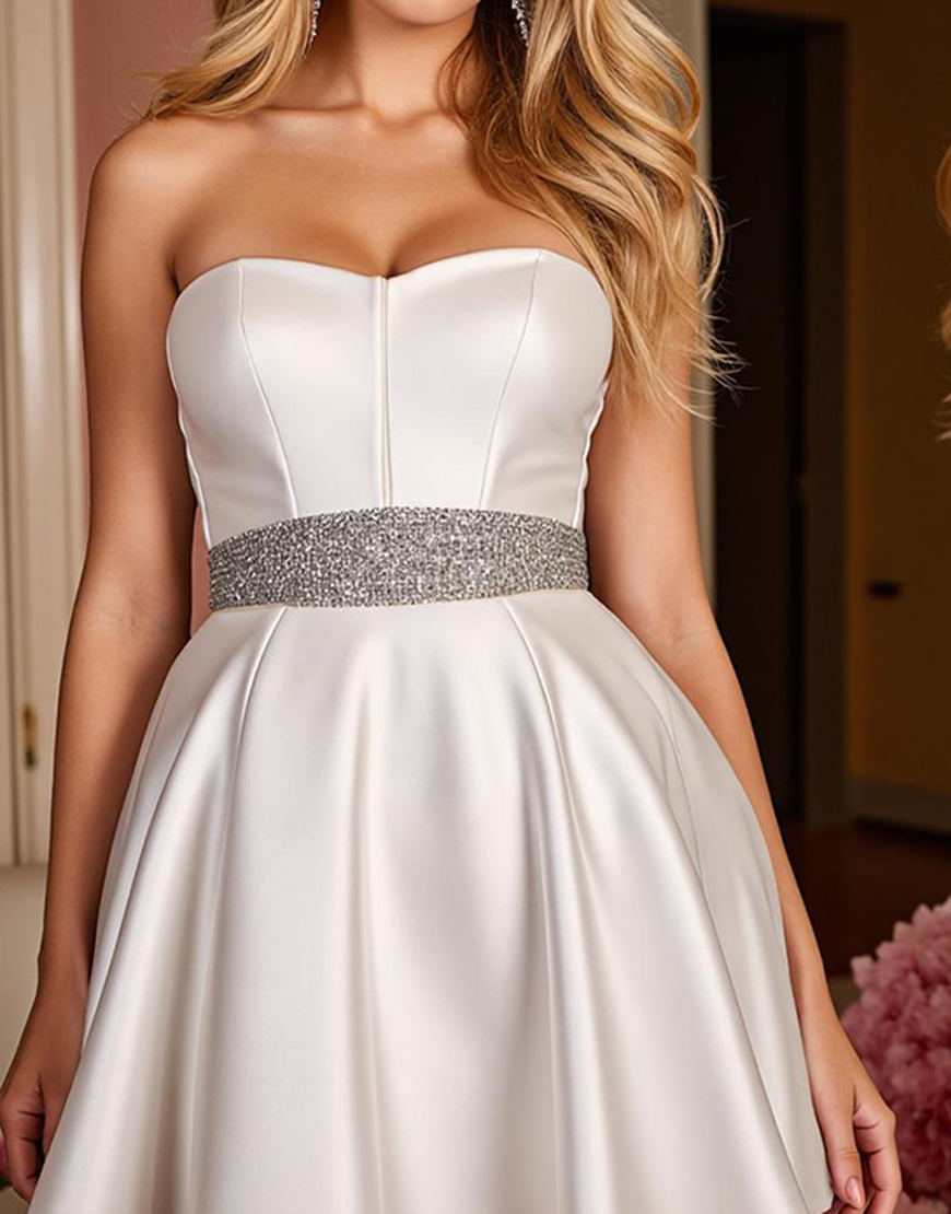 Sparkly White A Line Strapless Satin Short Homecoming Dress with Beading