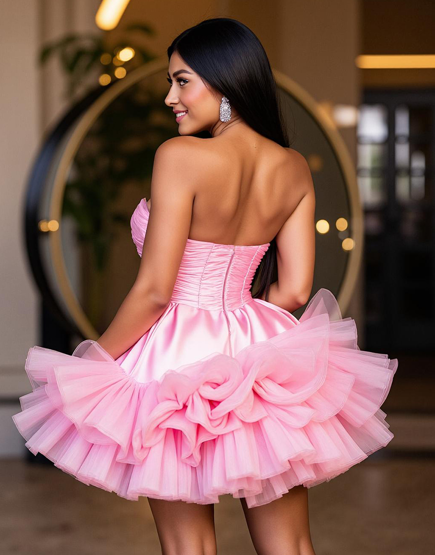 Sparkly Hot Pink A Line Strapless Ruffled Short Homecoming Dress