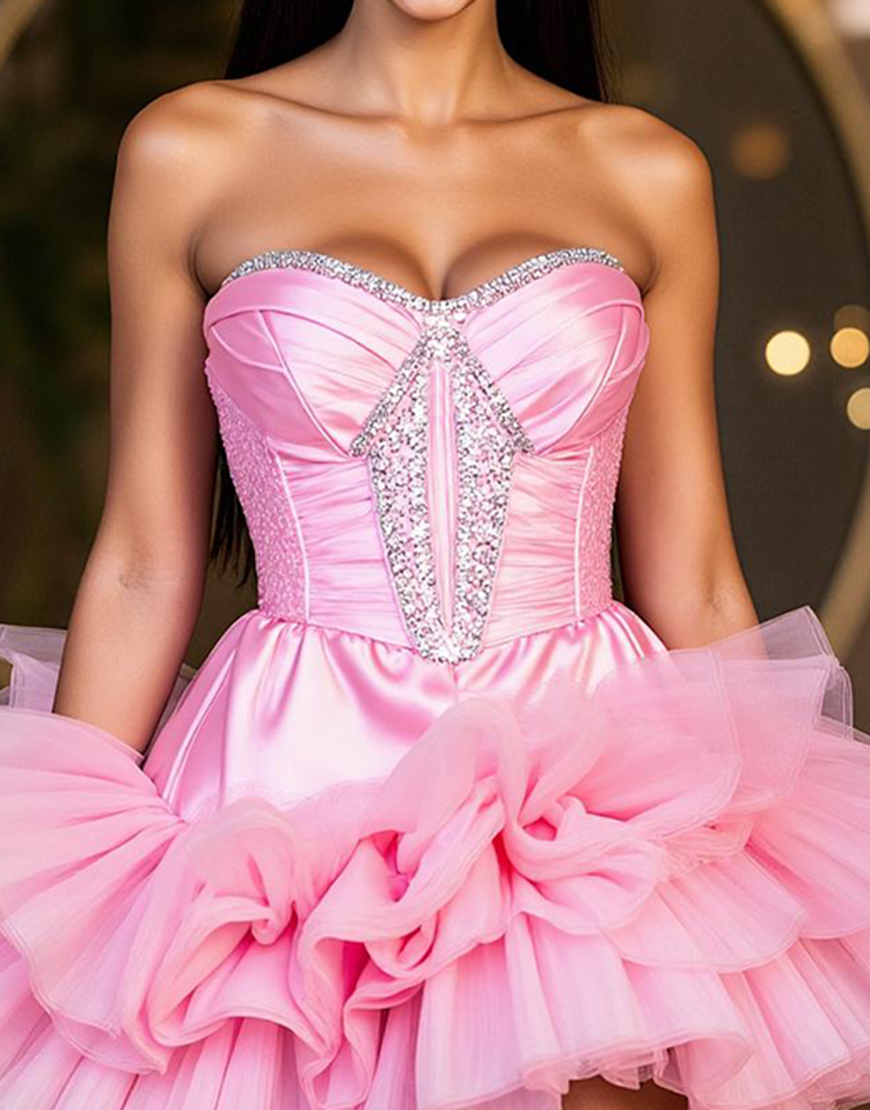 Sparkly Hot Pink A Line Strapless Ruffled Short Homecoming Dress