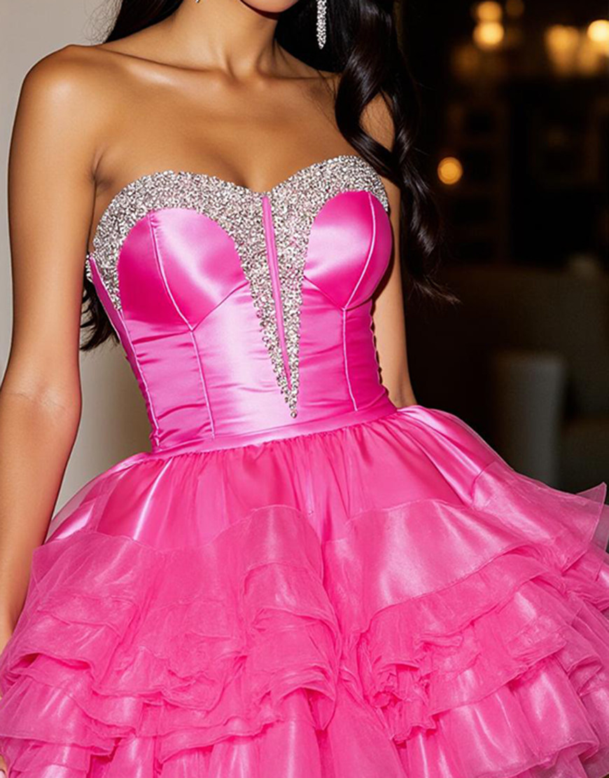 Sparkly Fuchsia Organza A Line Short Corset Homecoming Dress with Ruffles
