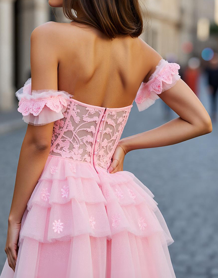 Pink Off the Shoulder Tulle Short Corset Homecoming Dress with Appliques