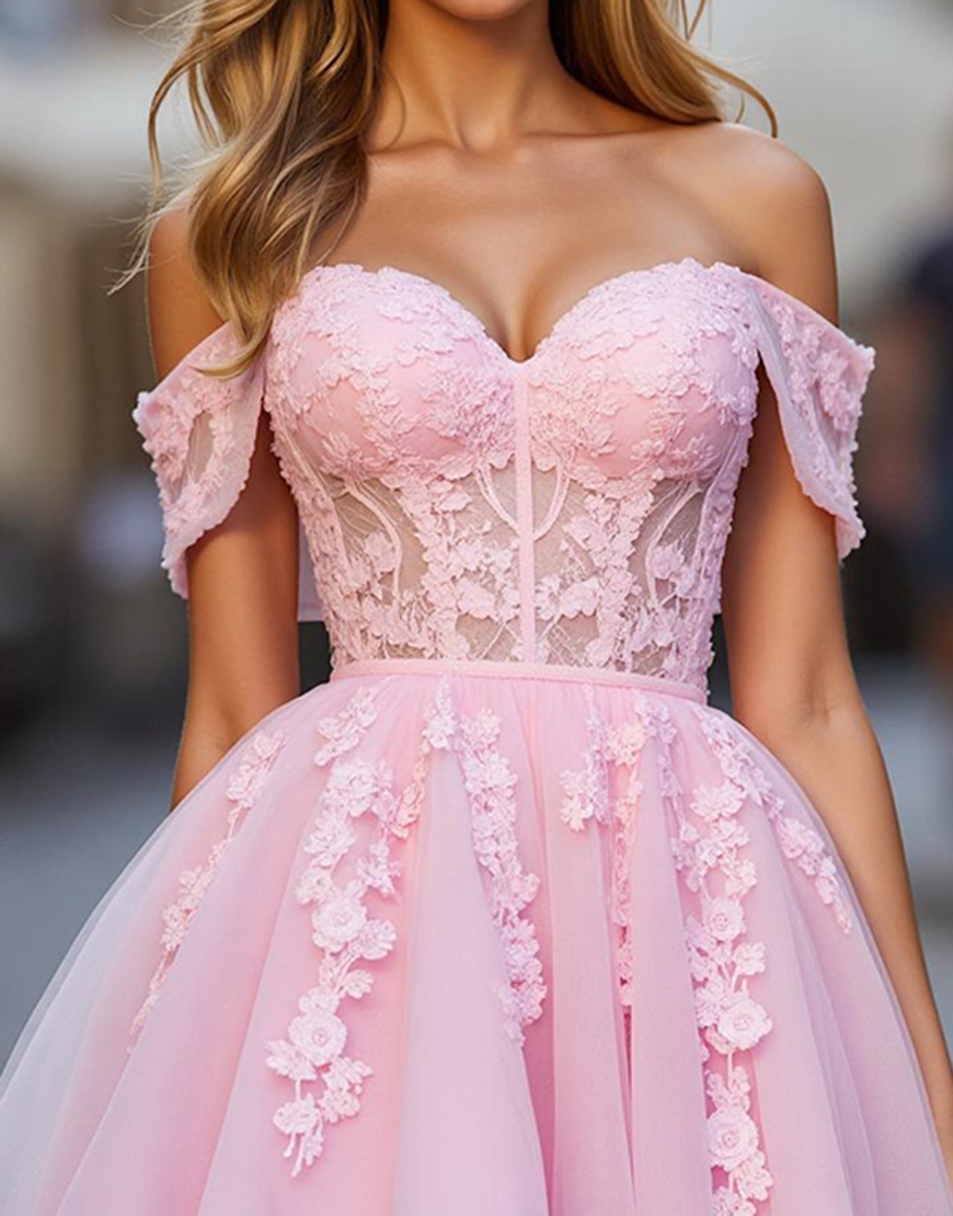 Pink Floral Tulle Short Corset Homecoming Dress with Appliques