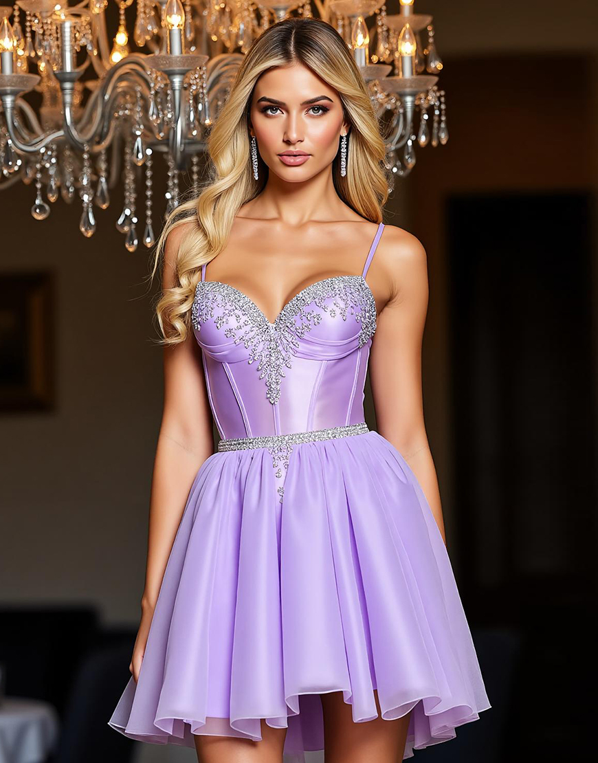 Sparkly Purple A Line Short Corset Homecoming Dress with Beading