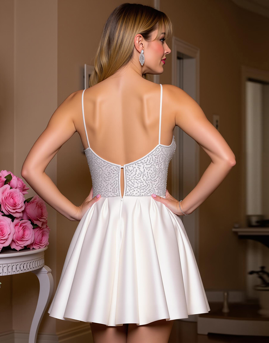 Sparkly White A Line Satin Short Corset Homecoming Dress with Beading