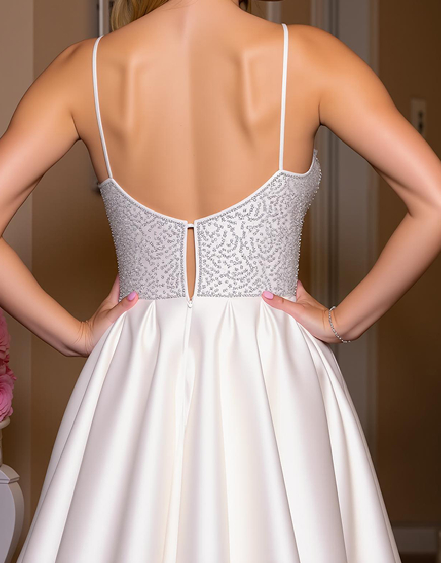 Sparkly White A Line Satin Short Corset Homecoming Dress with Beading