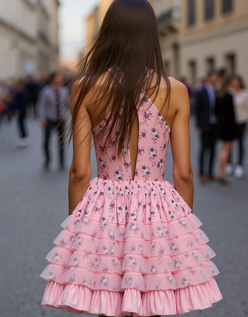 Pink Floral Keyhole A Line Short Homecoming Dress with Ruffles