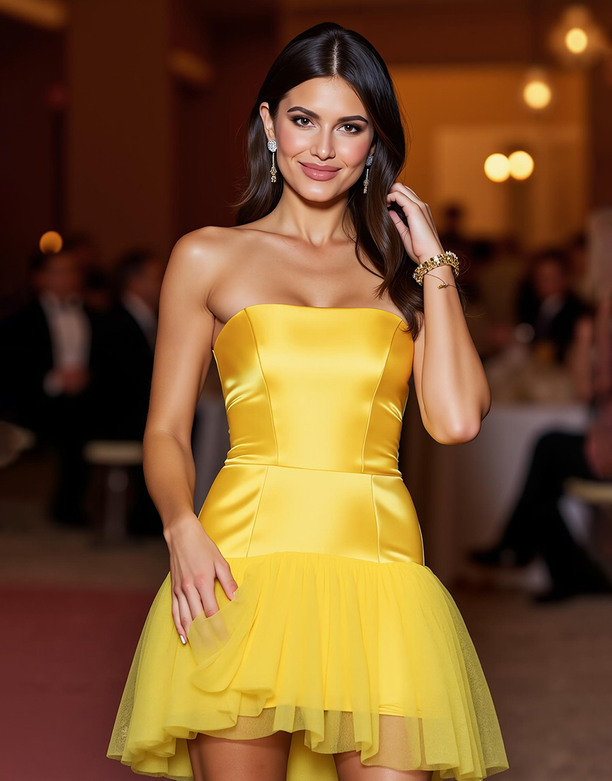 Yellow Strapless Satin Short A Line Homecoming Dress with Ruffles