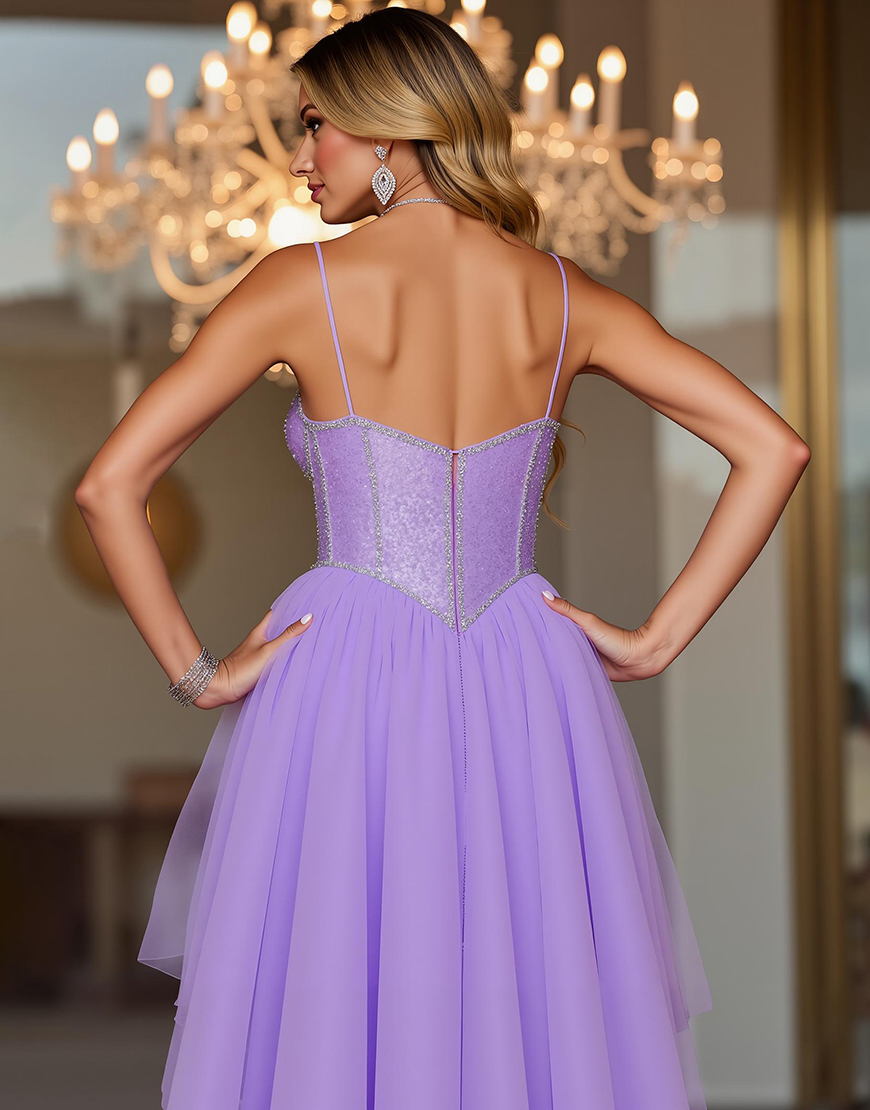 Sparkly Purple Spaghetti Straps High-Low Corset Homecoming Dress
