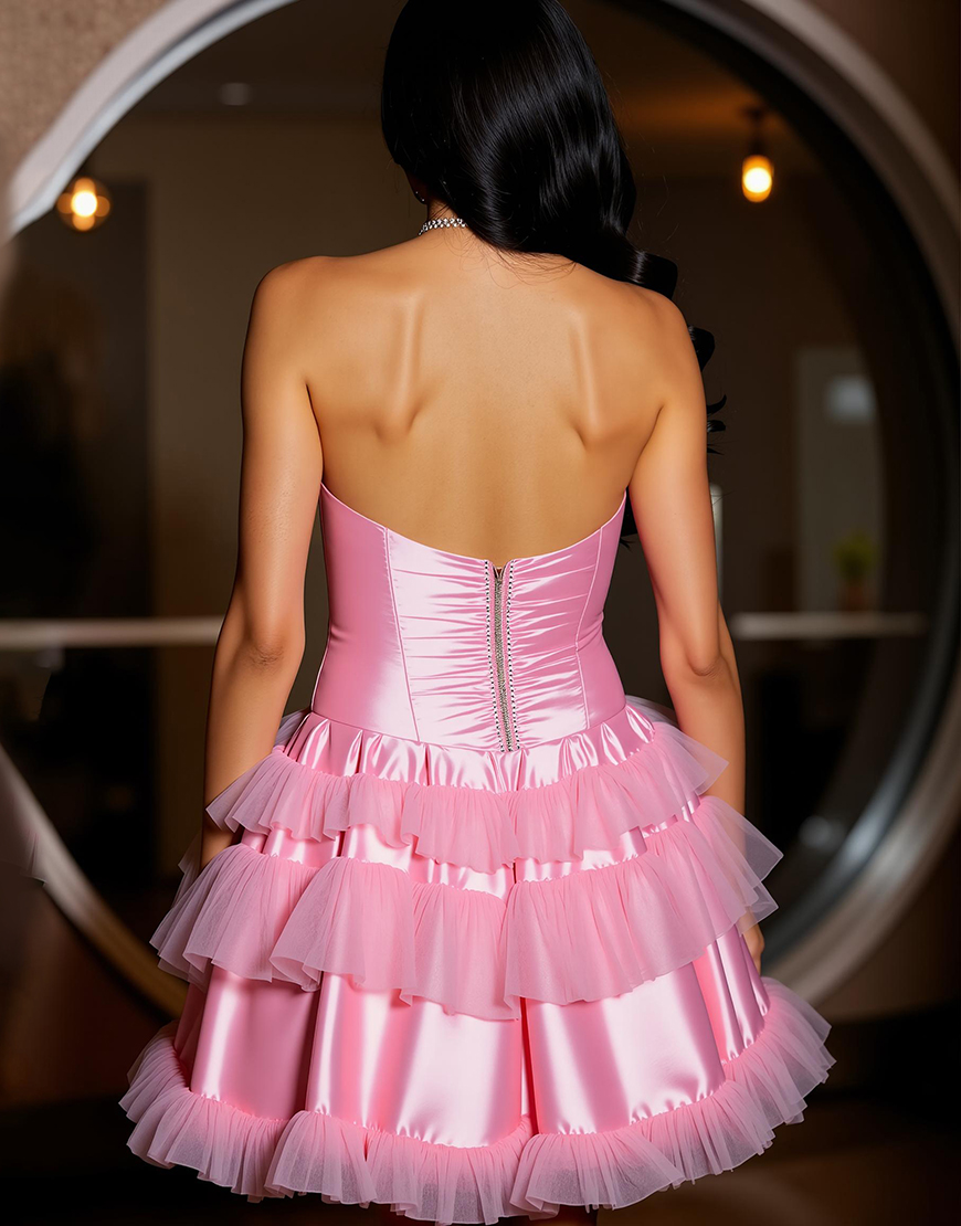 Pink A Line Satin Strapless Short Homecoming Dress with Ruffles