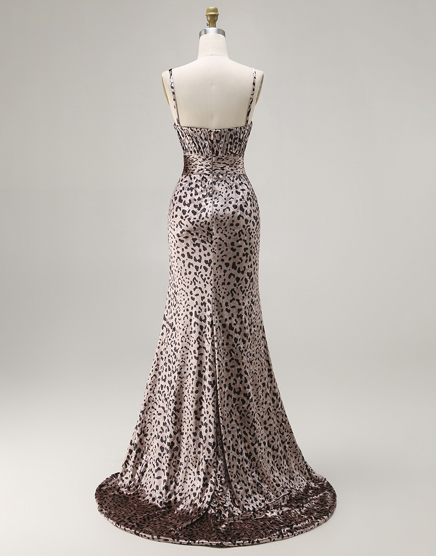 Golen Leopard Mermaid Spaghetti Straps Long Prom Dress with Slit