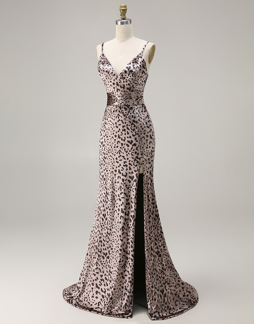 Golen Leopard Mermaid Spaghetti Straps Long Prom Dress with Slit