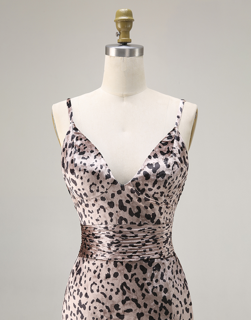 Golen Leopard Mermaid Spaghetti Straps Long Prom Dress with Slit