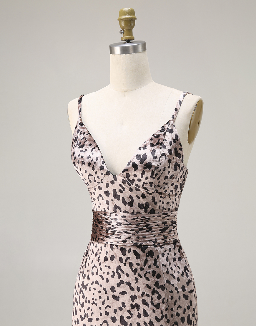 Golen Leopard Mermaid Spaghetti Straps Long Prom Dress with Slit