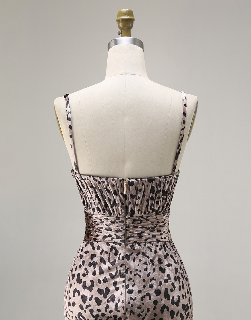 Golen Leopard Mermaid Spaghetti Straps Long Prom Dress with Slit