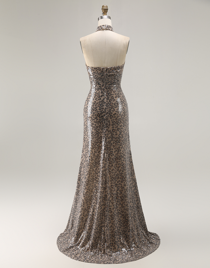 Sparkly Golden Leopard Halter Mermaid Sequin Long Prom Dress with Slit