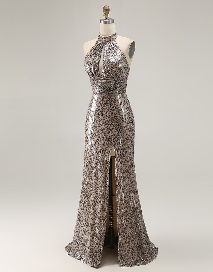 Sparkly Golden Leopard Halter Mermaid Sequin Long Prom Dress with Slit