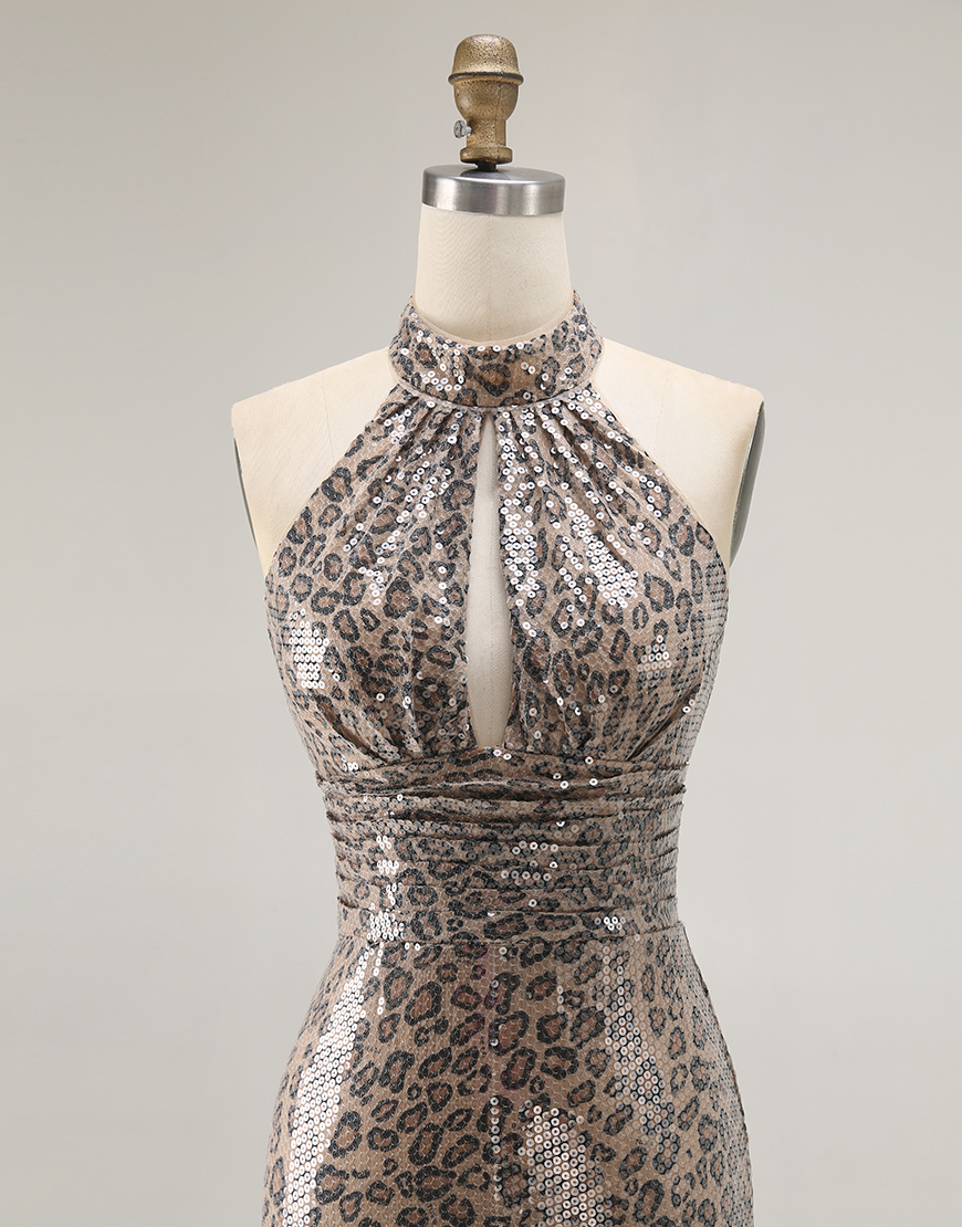 Sparkly Golden Leopard Halter Mermaid Sequin Long Prom Dress with Slit