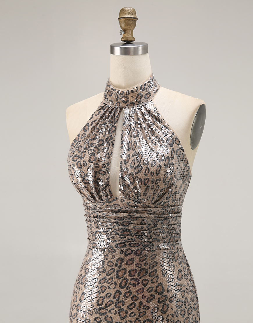 Sparkly Golden Leopard Halter Mermaid Sequin Long Prom Dress with Slit