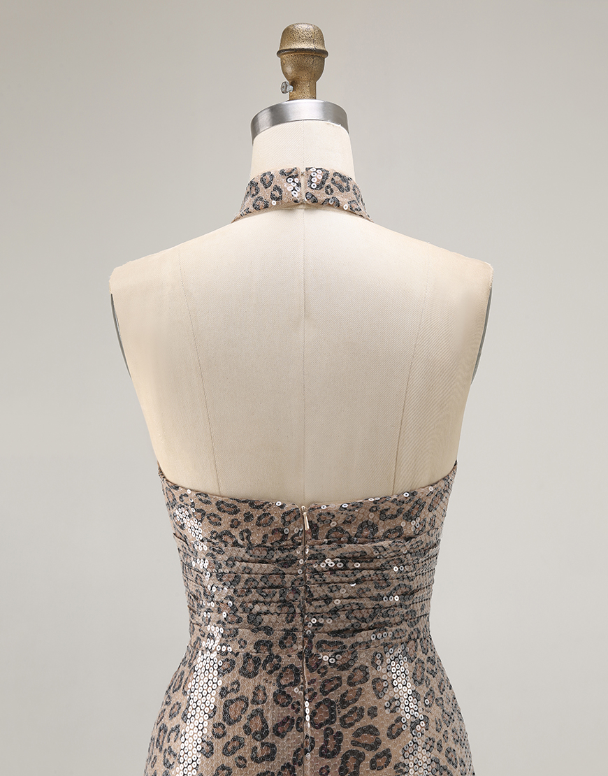 Sparkly Golden Leopard Halter Mermaid Sequin Long Prom Dress with Slit