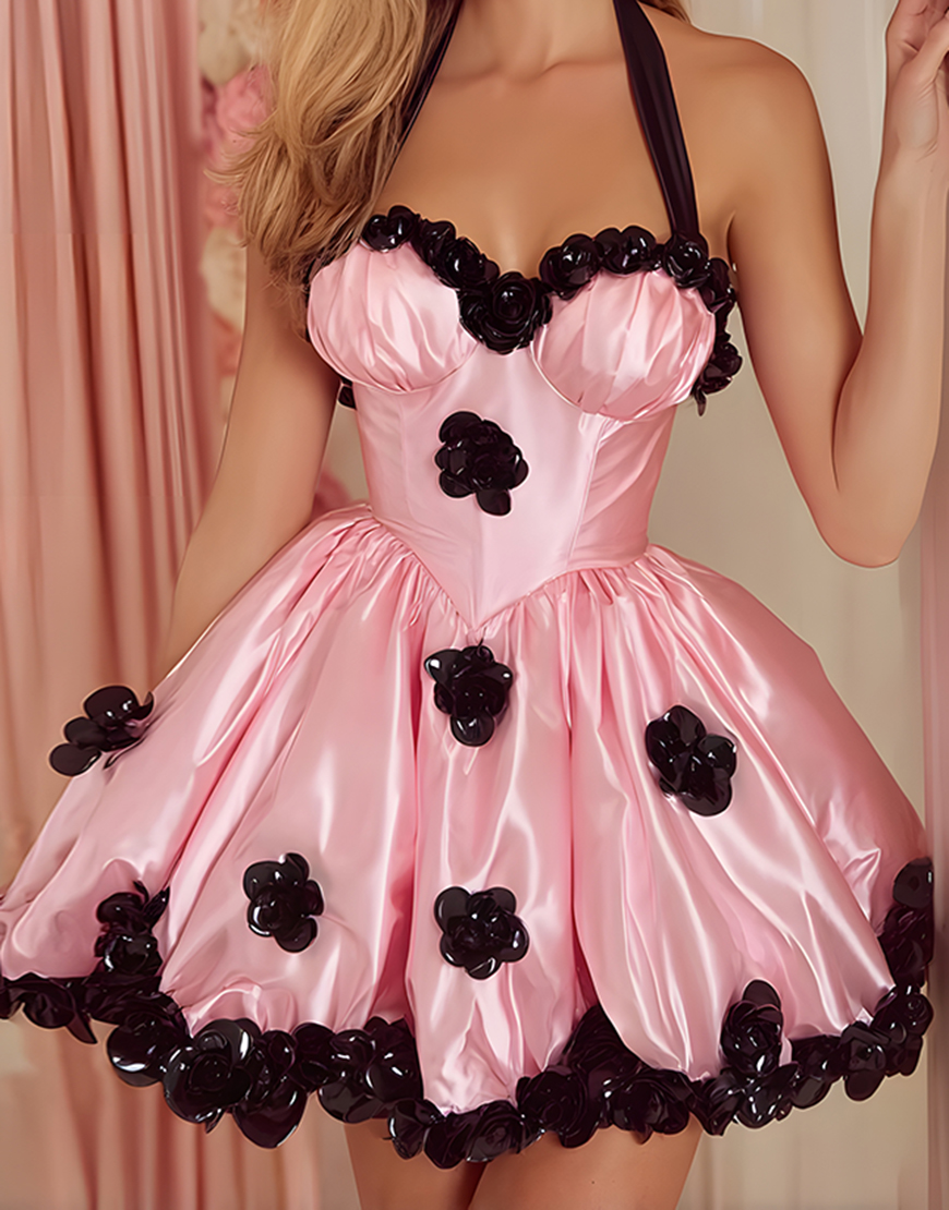 Pink A-Line Satin Short Corset Homecoming Dress with 3D Flowers