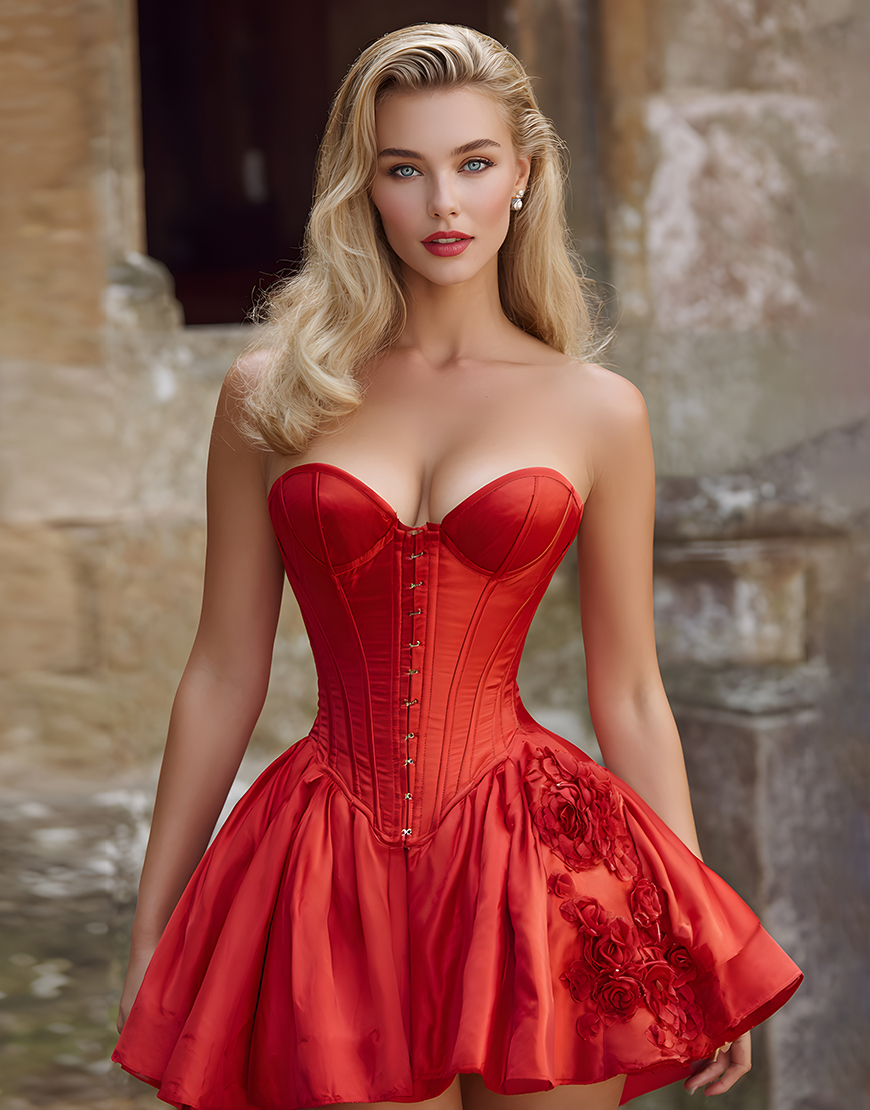 Red Satin Sweetheart Floral Short Corset Homecoming Dress
