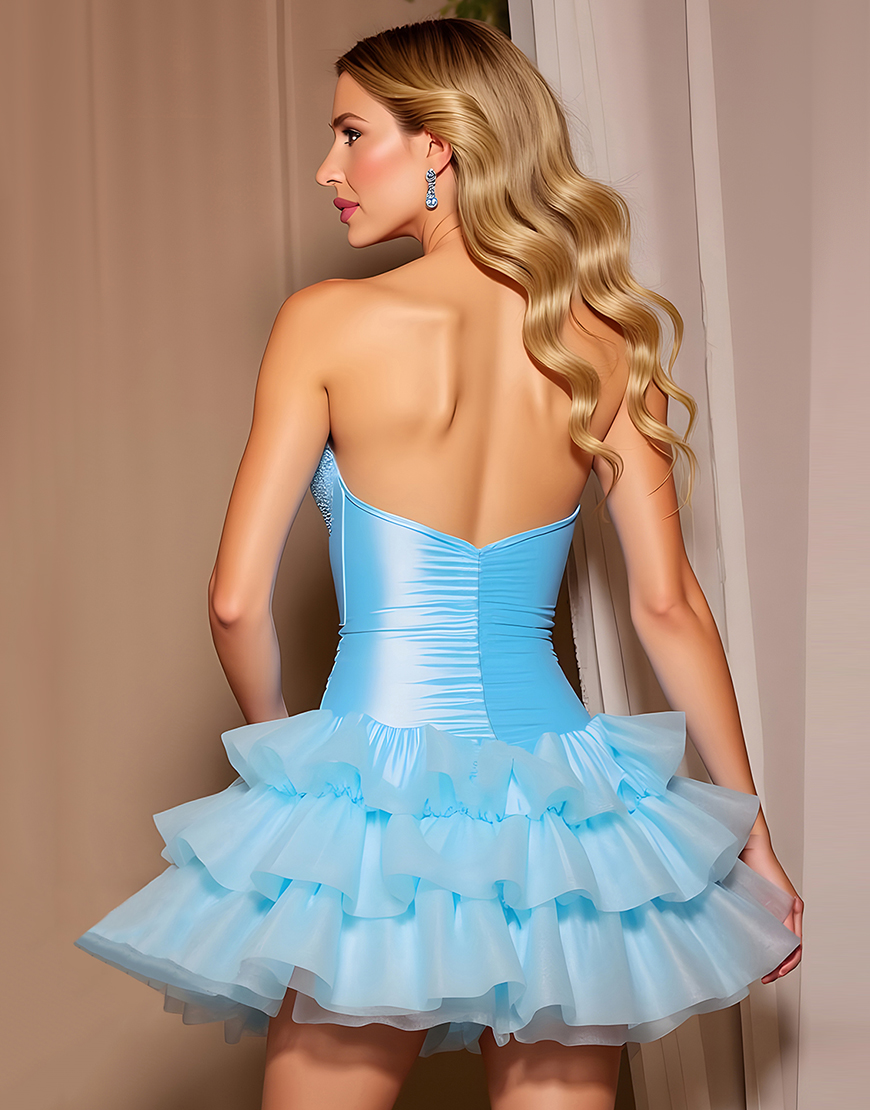 Sparkly Blue Short Corset Tiered Homecoming Dress with Beading