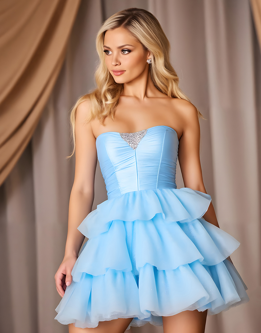 Sparkly Blue Short Strapless Tiered Homecoming Dress with Bow