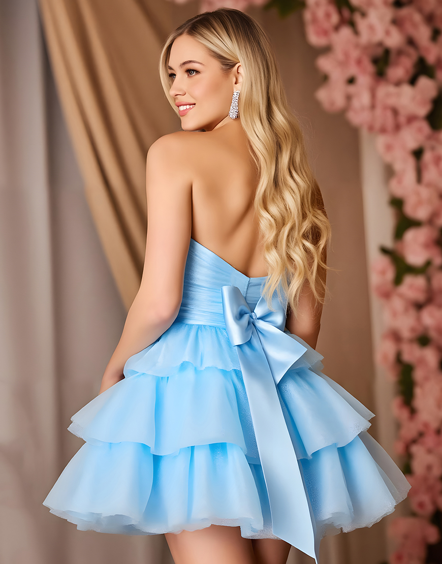 Sparkly Blue Short Strapless Tiered Homecoming Dress with Bow