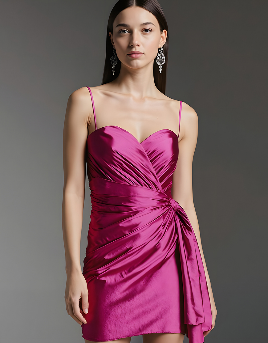 Fuchsia Tight Satin Short Homecoming Dress with Side Cape